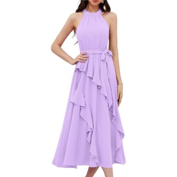 Women's 2024 Summer Sleeveless Halter Neck Ruffle Hem Split Flowy